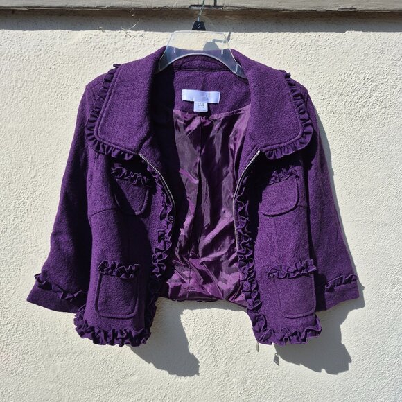 Anthro Purple Ruffle Trim Suit Jacket Blazer Retro Y2K Feminine Office Work M - Picture 8 of 16
